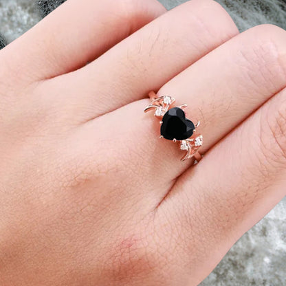 Art Deco Heart Cut Black Onyx Wedding Ring Solid Gold Bat Ring Moissanite Ring Wedding Band Custom Promise Ring Anniversary Gift for Her