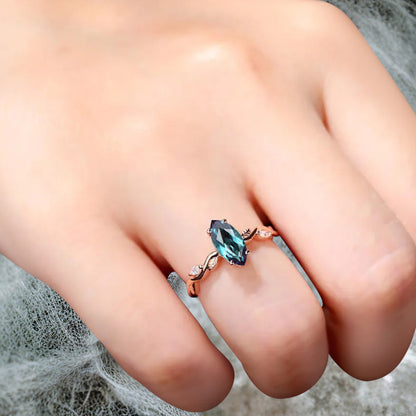 Marquise Alexandrite Engagement Ring Moissanite Cluster Promise Ring Rose Gold Art Deco Blue Alexandrite Leaf Design Ring Anniversary Gift