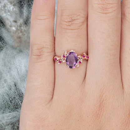 Vintage Oval Cut Amethyst Engagement Ring Branch Ring Art Deco Amethyst Wedding Ring Solid 18k Rose Gold Leaf Ring Bridal Promise Ring Gift For Her