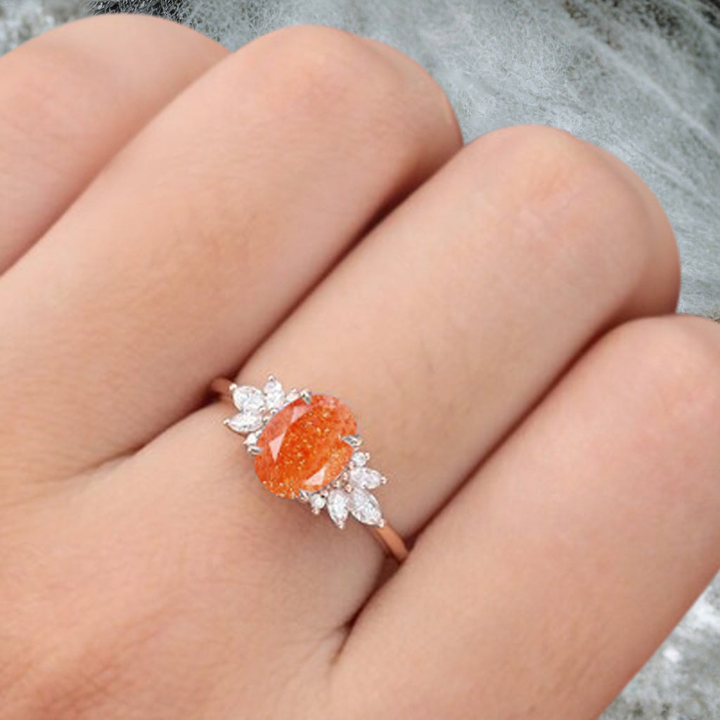 Unique Vintage Oval Cut Sunstone Ring Solid 18k Rose Gold Ring Handmade Moissanite Engagement Ring Promise Bridal Ring Anniversary Gift