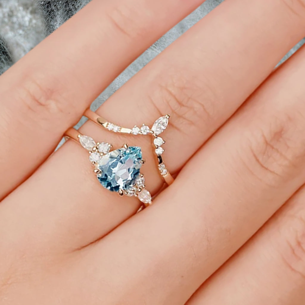 Bague de fiançailles vintage en forme de poire avec aigue-marine, ensemble de bagues de mariage uniques, cadeau d'anniversaire