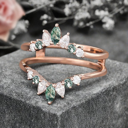 Antique Moss Agate Wedding Ring Curved Enhancer Moissanite Wedding Band Vintage Stacking Band Unique Matching Ring Promise Anniversary Gift For Her