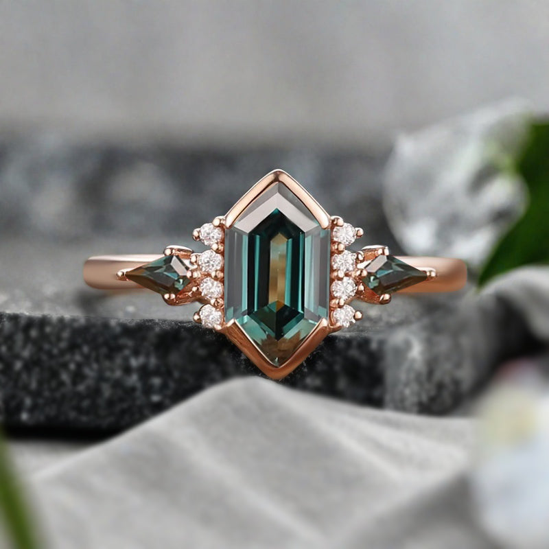 Vintage Hexagon Cut Blau Grün Saphir Verlobungsring Blau Grün Saphir Ehering