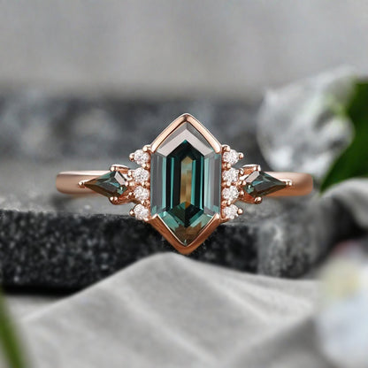 Vintage Hexagon Cut Blau Grün Saphir Verlobungsring Blau Grün Saphir Ehering