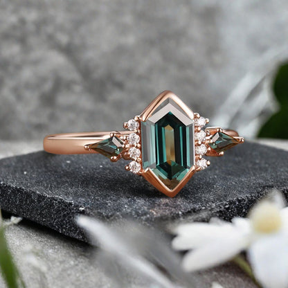 Vintage Hexagon Cut Blau Grün Saphir Verlobungsring Blau Grün Saphir Ehering