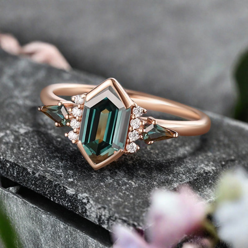 Vintage Hexagon Cut Blau Grün Saphir Verlobungsring Blau Grün Saphir Ehering