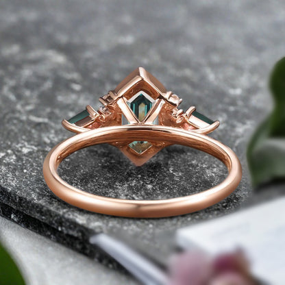 Vintage Hexagon Cut Blau Grün Saphir Verlobungsring Blau Grün Saphir Ehering