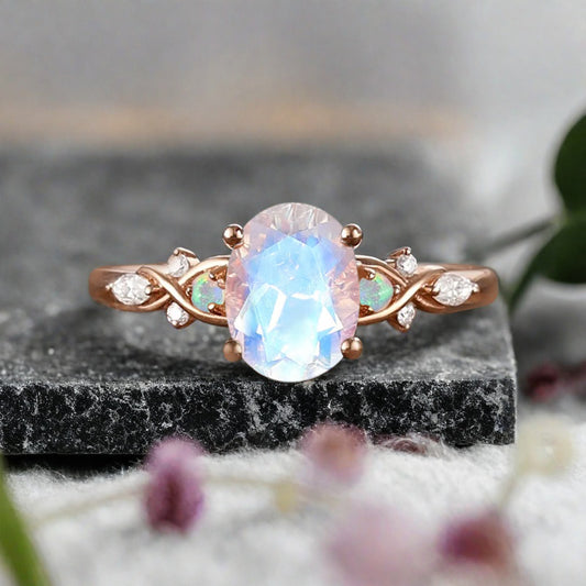 Vintage Oval Moonstone Engagement Ring Unique Oval Pink White Moonstone Promise Ring