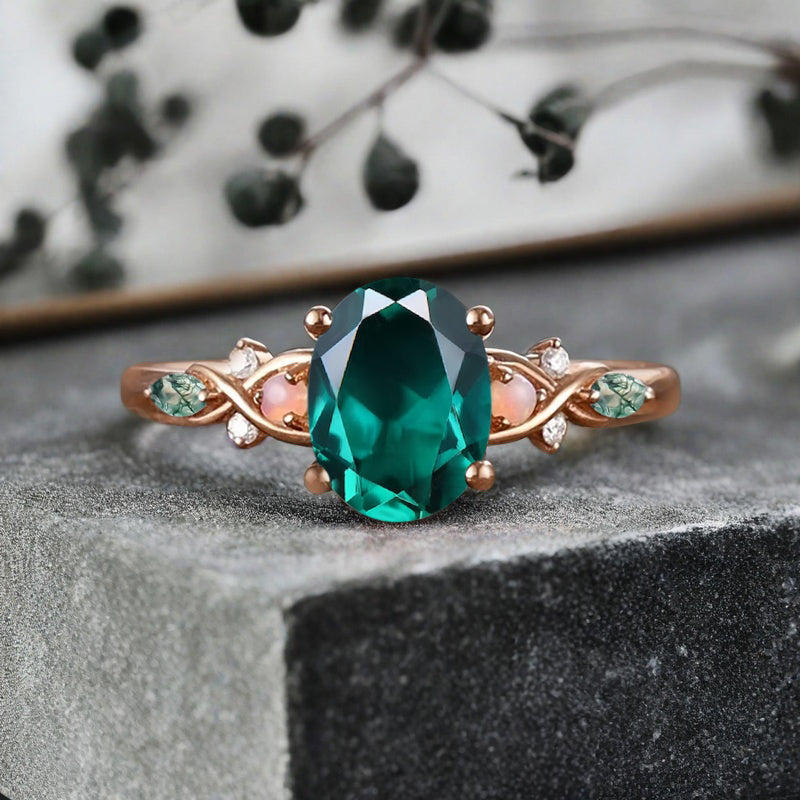 Bague de fiançailles vintage ovale en pierre de lune, bague de promesse unique en opale et moissanite