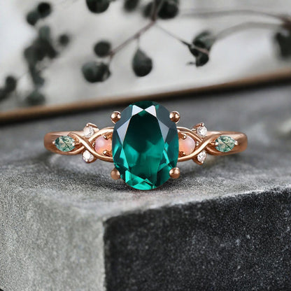 Bague de fiançailles vintage ovale en pierre de lune, bague de promesse unique en opale et moissanite