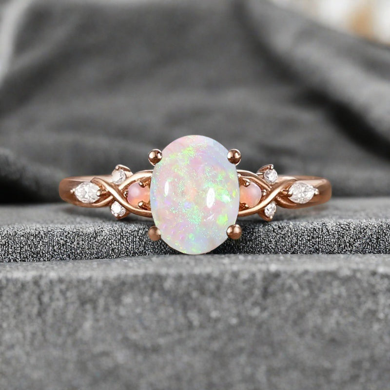 Bague de fiançailles vintage ovale en pierre de lune, bague de promesse unique en opale et moissanite