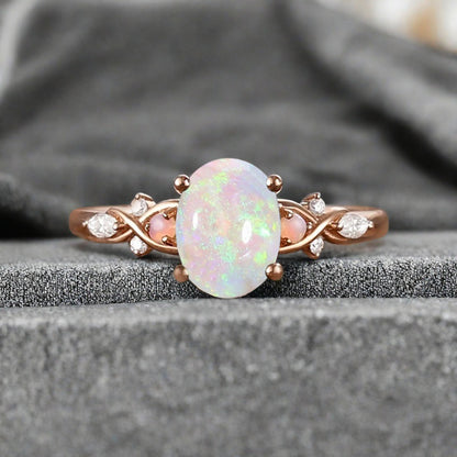 Bague de fiançailles vintage ovale en pierre de lune, bague de promesse unique en opale et moissanite