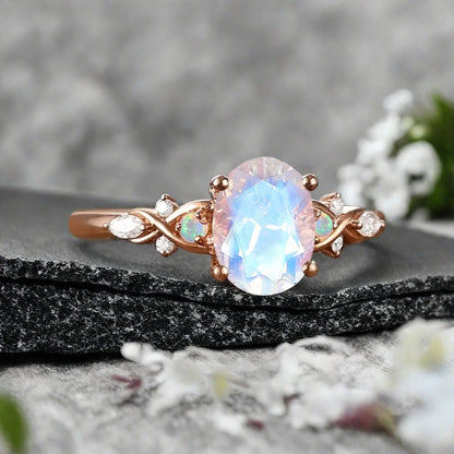 Vintage Oval Moonstone Engagement Ring Unique Oval Pink White Moonstone Promise Ring