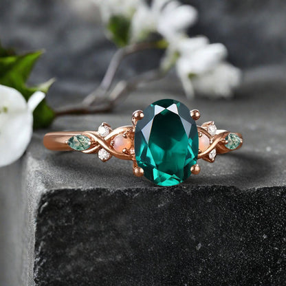 Bague de fiançailles vintage ovale en pierre de lune, bague de promesse unique en opale et moissanite