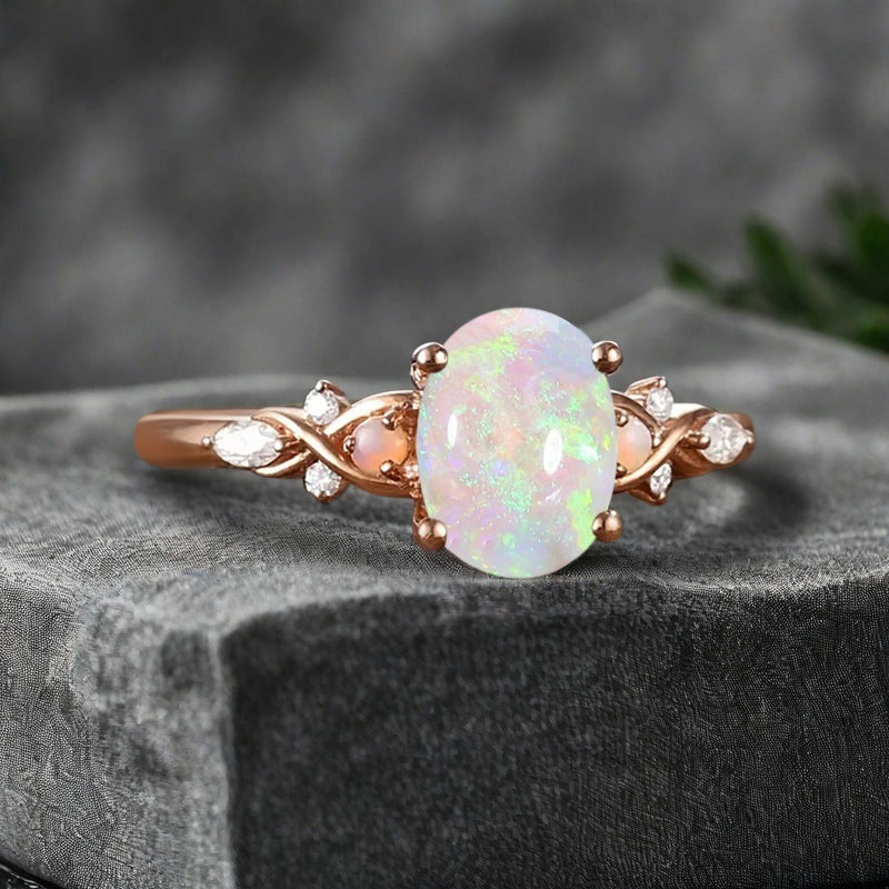 Bague de fiançailles vintage ovale en pierre de lune, bague de promesse unique en opale et moissanite