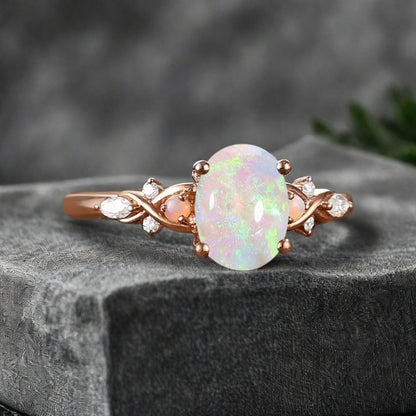 Bague de fiançailles vintage ovale en pierre de lune, bague de promesse unique en opale et moissanite
