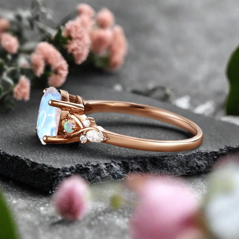 Vintage Oval Moonstone Engagement Ring Unique Oval Pink White Moonstone Promise Ring