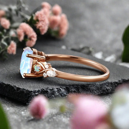 Vintage Oval Moonstone Engagement Ring Unique Oval Pink White Moonstone Promise Ring