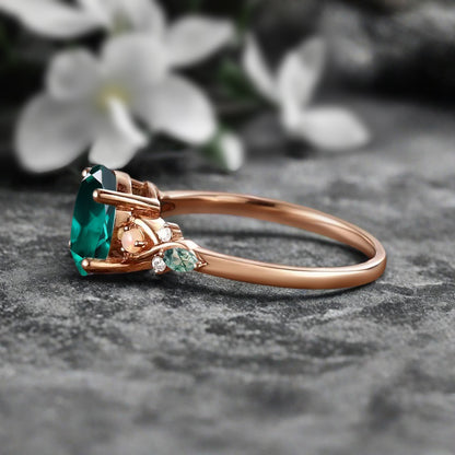 Bague de fiançailles vintage ovale en pierre de lune, bague de promesse unique en opale et moissanite