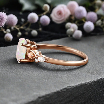 Bague de fiançailles vintage ovale en pierre de lune, bague de promesse unique en opale et moissanite