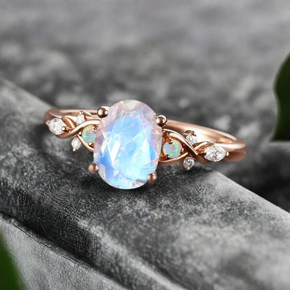 Vintage Oval Moonstone Engagement Ring Unique Oval Pink White Moonstone Promise Ring