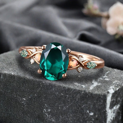 Bague de fiançailles vintage ovale en pierre de lune, bague de promesse unique en opale et moissanite