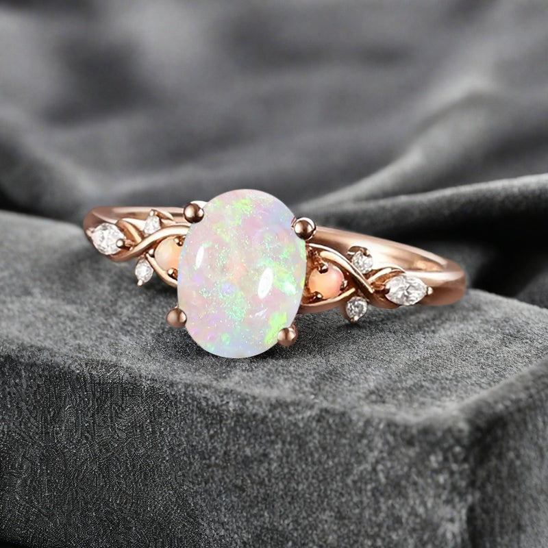 Bague de fiançailles vintage ovale en pierre de lune, bague de promesse unique en opale et moissanite