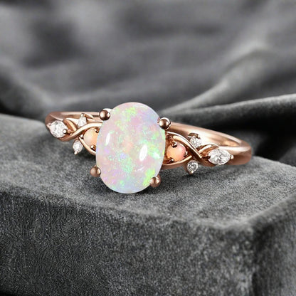 Bague de fiançailles vintage ovale en pierre de lune, bague de promesse unique en opale et moissanite