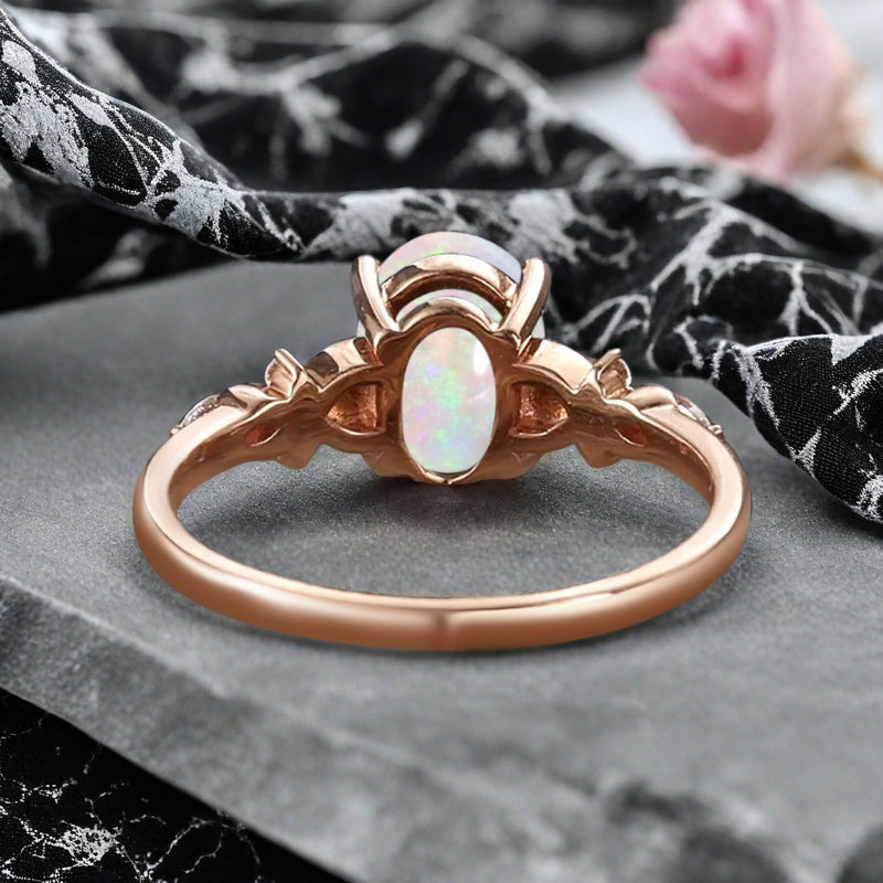 Bague de fiançailles vintage ovale en pierre de lune, bague de promesse unique en opale et moissanite