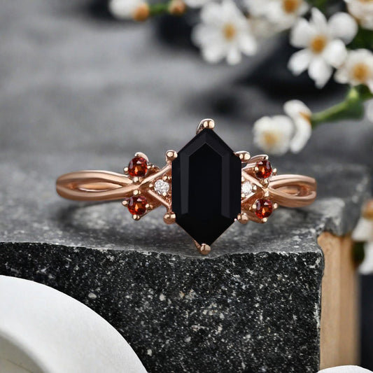 Vintage Hexagon Cut Black Onyx Gemstone Engagement Ring Black Onyx Wedding Promise Ring