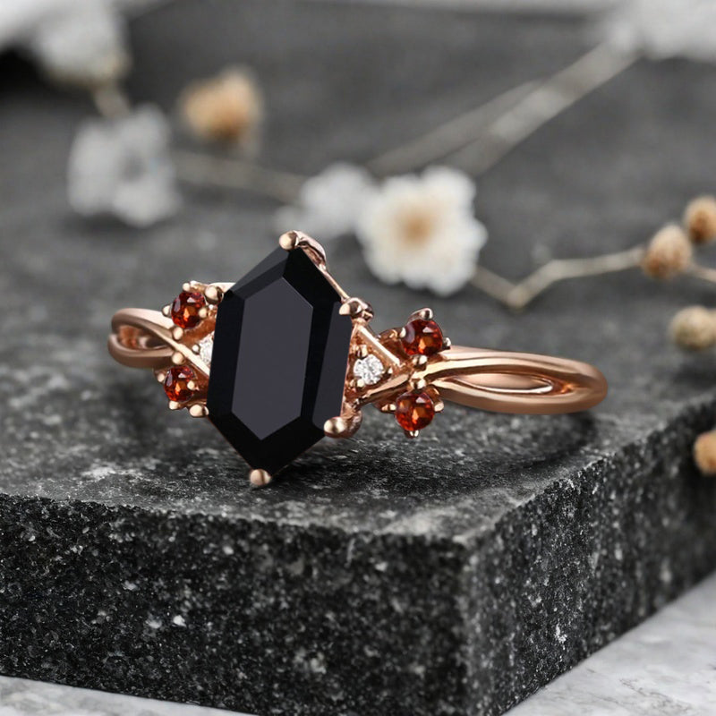 Vintage Hexagon Cut Black Onyx Gemstone Engagement Ring Black Onyx Wedding Promise Ring