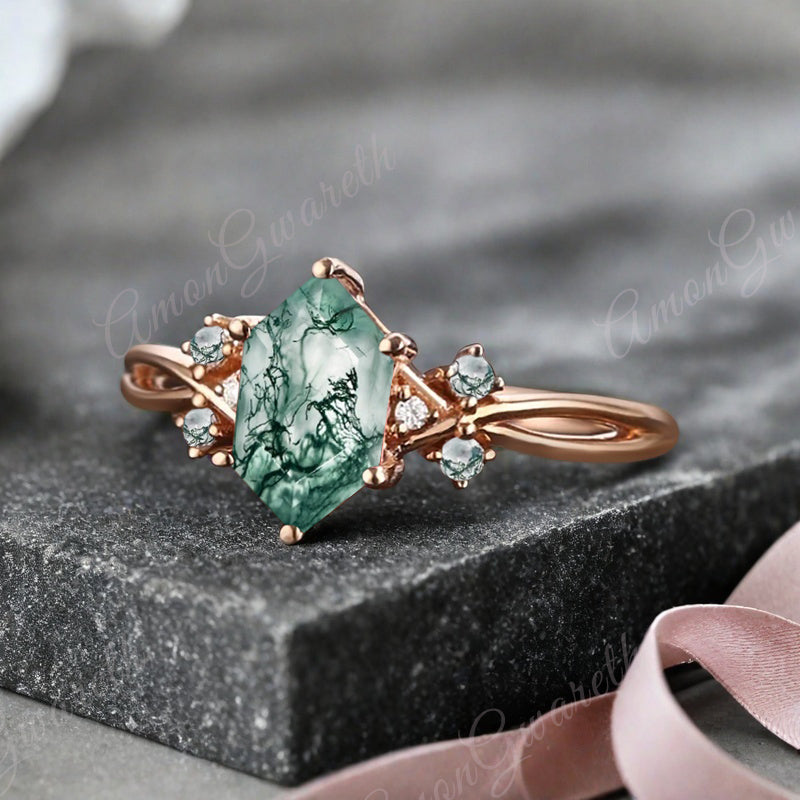 Vintage Hexagon Cut Moss Agate Engagement Ring Moissanite Wedding Ring