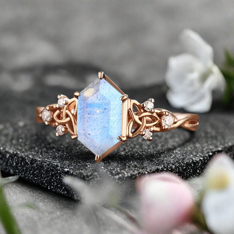 Art Deco Labradorite Engagement Ring Hexagon Cut Labradorite Bridal Ring