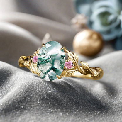 Vintage Oval Shape Moss Agate Engagement Ring Set Unique Pink Sapphire Gemstone Promise Bridal Ring Set Anniversary Gift
