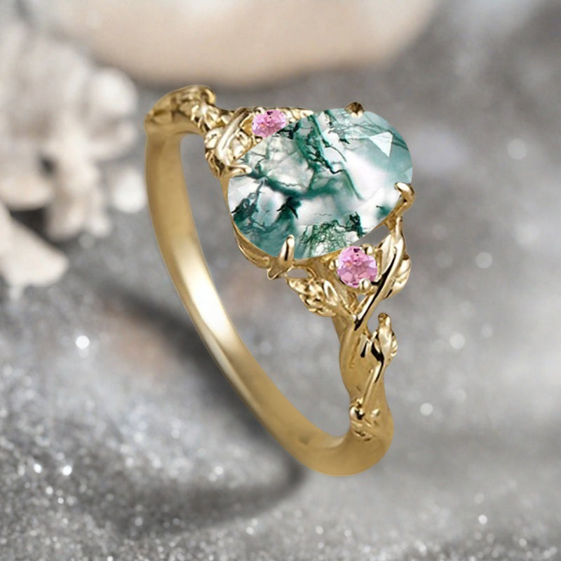 Vintage Oval Shape Moss Agate Engagement Ring Set Unique Pink Sapphire Gemstone Promise Bridal Ring Set Anniversary Gift