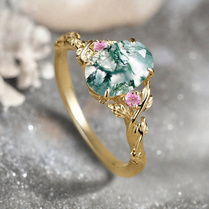Vintage Oval Shape Moss Agate Engagement Ring Set Unique Pink Sapphire Gemstone Promise Bridal Ring Set Anniversary Gift