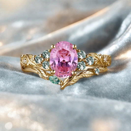 Vintage Oval Shape Pink Sapphire Engagement Ring Set Unique Pink Sapphire Gemstone Promise Bridal Ring Set Anniversary Gift