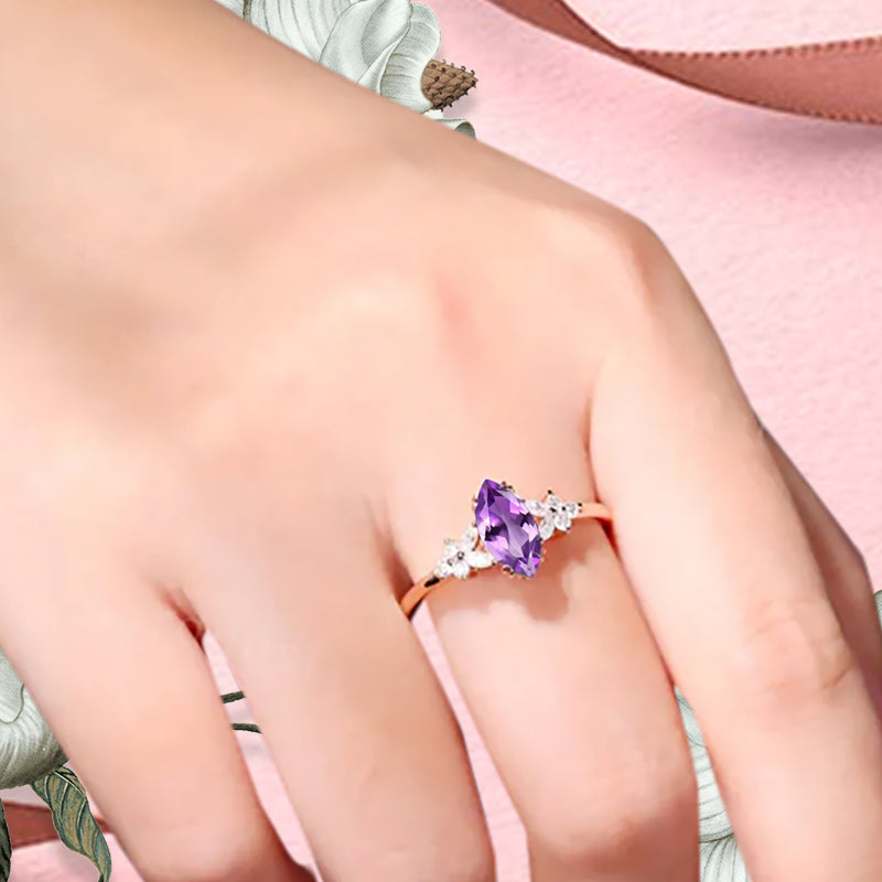 Marquise Cut Amethyst Ring Vintage Solid Gold Engagement Ring Purple Amethyst Ring Unique Moissanite Bridal Wedding Anniversary Gift For Her