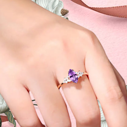 Marquise Cut Amethyst Ring Vintage Solid Gold Engagement Ring Purple Amethyst Ring Unique Moissanite Bridal Wedding Anniversary Gift For Her