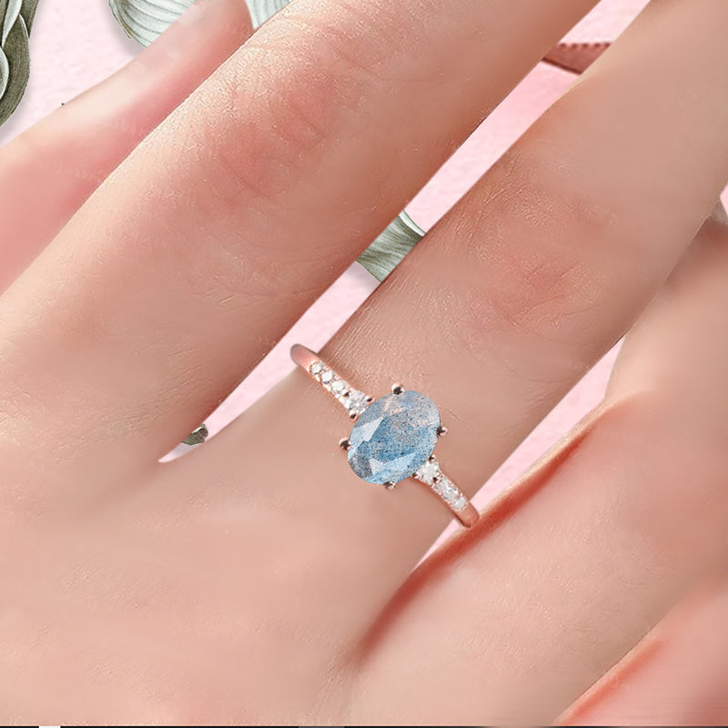 Oval Shape Labradorite Ring Vintage Engagement Ring 10K Rose Gold Unique Bridal Ring Anniversary Gift Ring