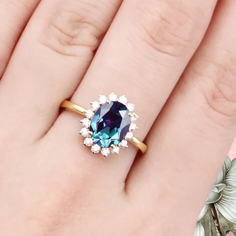 Vintage Alexandrite Engagement Ring Oval Shape Anniversary Ring Solid Gold Solitaire Unique Alexandrite Ring for Women Ver.2