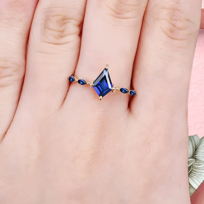 Kite cut Blue Topaz engagement ring Unique Rose gold engagement ring Vintage Moissanite ring Art deco bridal ring Promise ring Anniversary gift