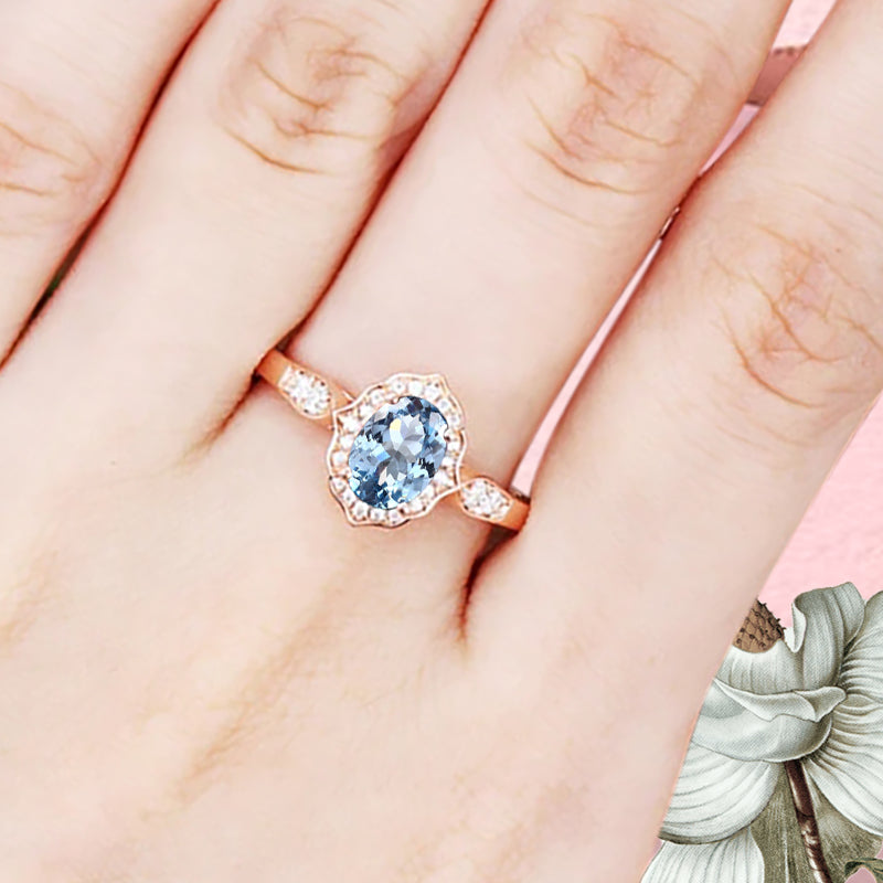 Vintage Aquamarine Engagement Ring Oval Shape Anniversary Ring Solid Gold Solitaire Ring for Women
