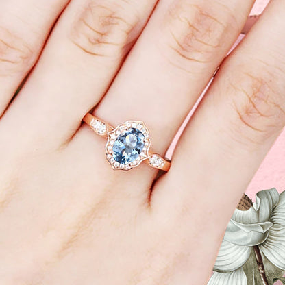 Vintage Aquamarine Engagement Ring Oval Shape Anniversary Ring Solid Gold Solitaire Ring for Women