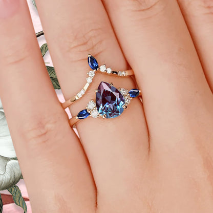 Bague de fiançailles vintage en forme de poire avec aigue-marine, ensemble de bagues de mariage uniques, cadeau d'anniversaire