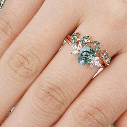Vintage Pear Shape Moss Agate Enhancer Ring Set Unique Moissanite Gemstone Promise Bridal Ring Set