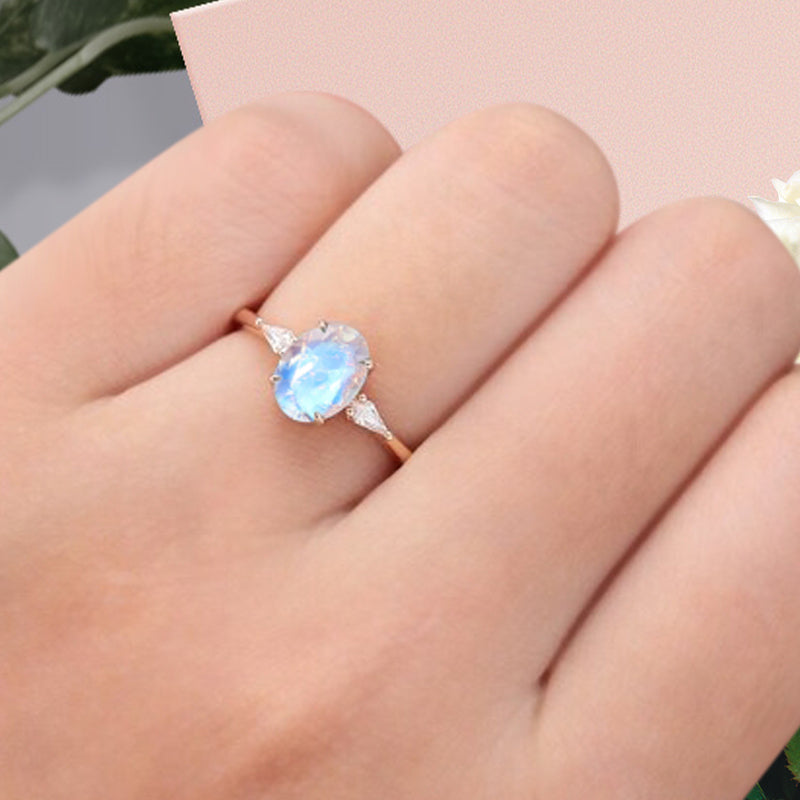Oval Shape Moonstone Ring Vintage Engagement Ring 18K Rose Gold Moonstone Ring Unique Wedding Bridal Ring Anniversary Gift Ring