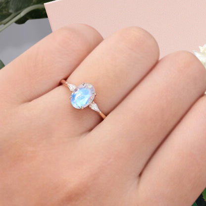 Oval Shape Moonstone Ring Vintage Engagement Ring 18K Rose Gold Moonstone Ring Unique Wedding Bridal Ring Anniversary Gift Ring