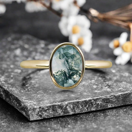 Unique Vintage Oval Cut Natural Moss Agate Ring Solitaire Engagement Ring Art Deco Moss Agate Ring Handmade Rose Gold Bridal Promise Ring