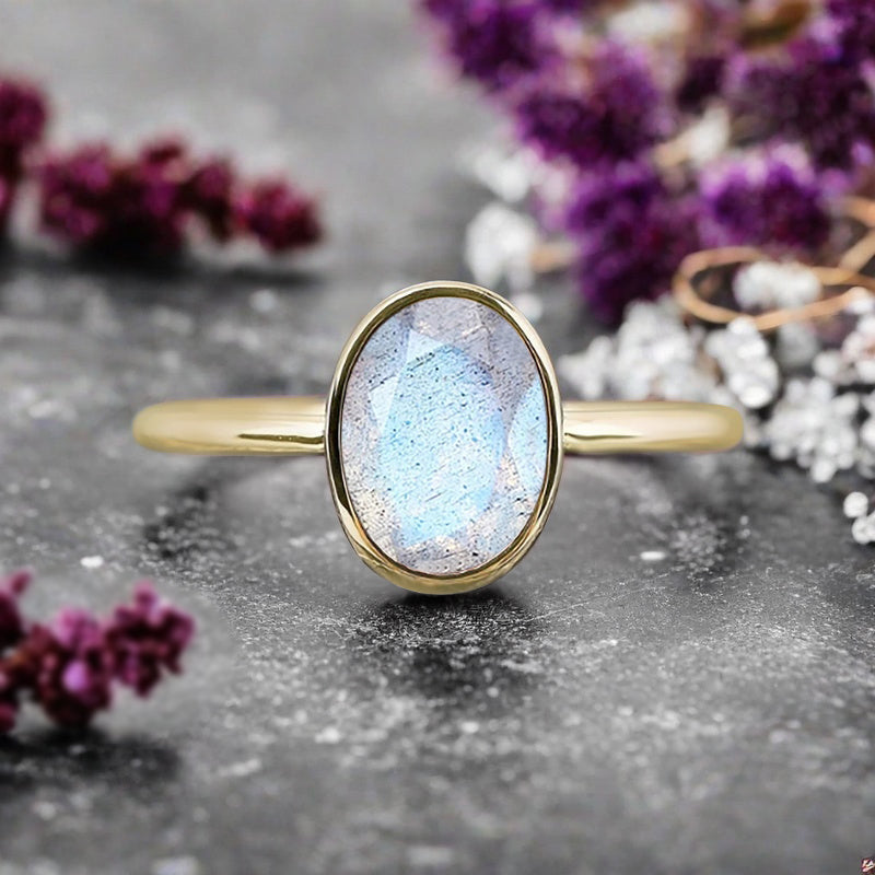 Unique Vintage Oval Cut Natural Labradorite Ring Solitaire Engagement Ring Art Deco Labradorite Ring Handmade Rose Gold Bridal Promise Ring
